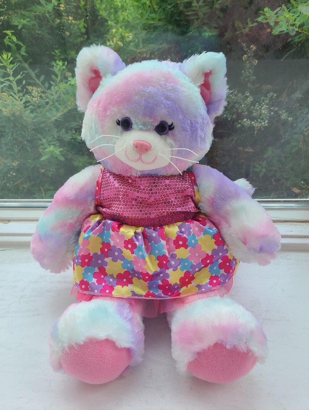 🌈Build-A-Bear Pastel Swirl Kitty Cat in Pink Sequin Floral Dress Stuffed Animal